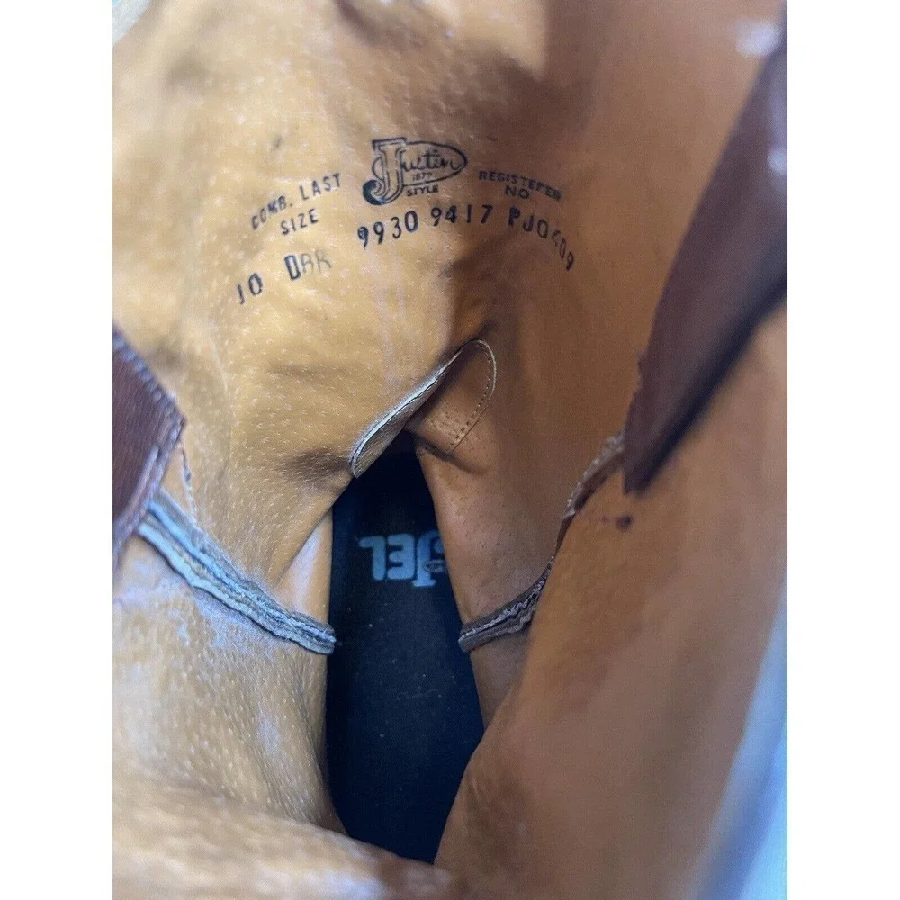Men's Justin Leather Cowboy Boots Embroidered Round Toe Brown Size 10